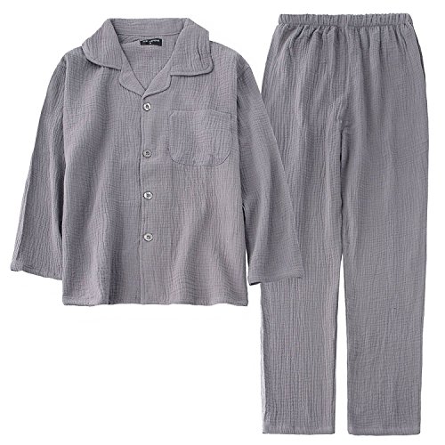 パジャマ メンズ 長袖 二重 ガーゼ 綿100 通気吸汗 寝間着 前開き 上下 セット 紳士 (L, グレー)